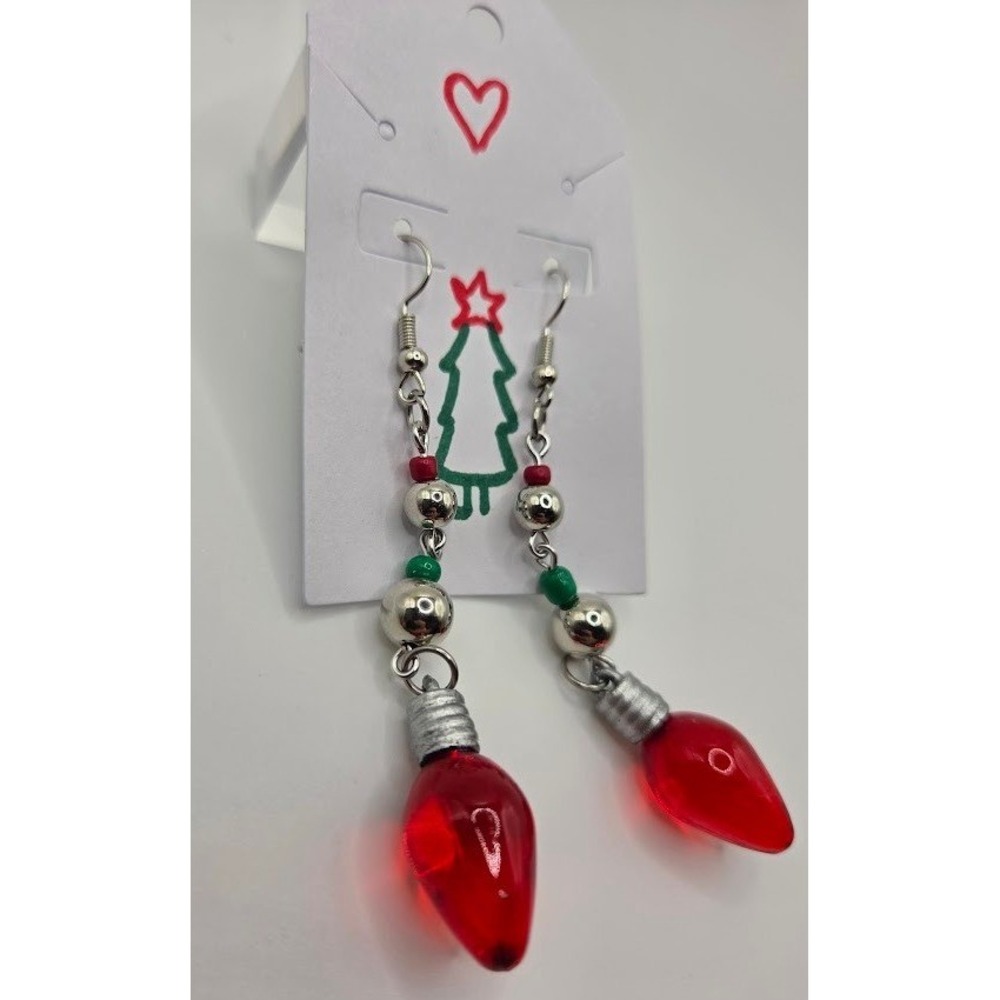 Handmade Earrings Red Christmas Light Bulb Dangle Holiday Jewelry